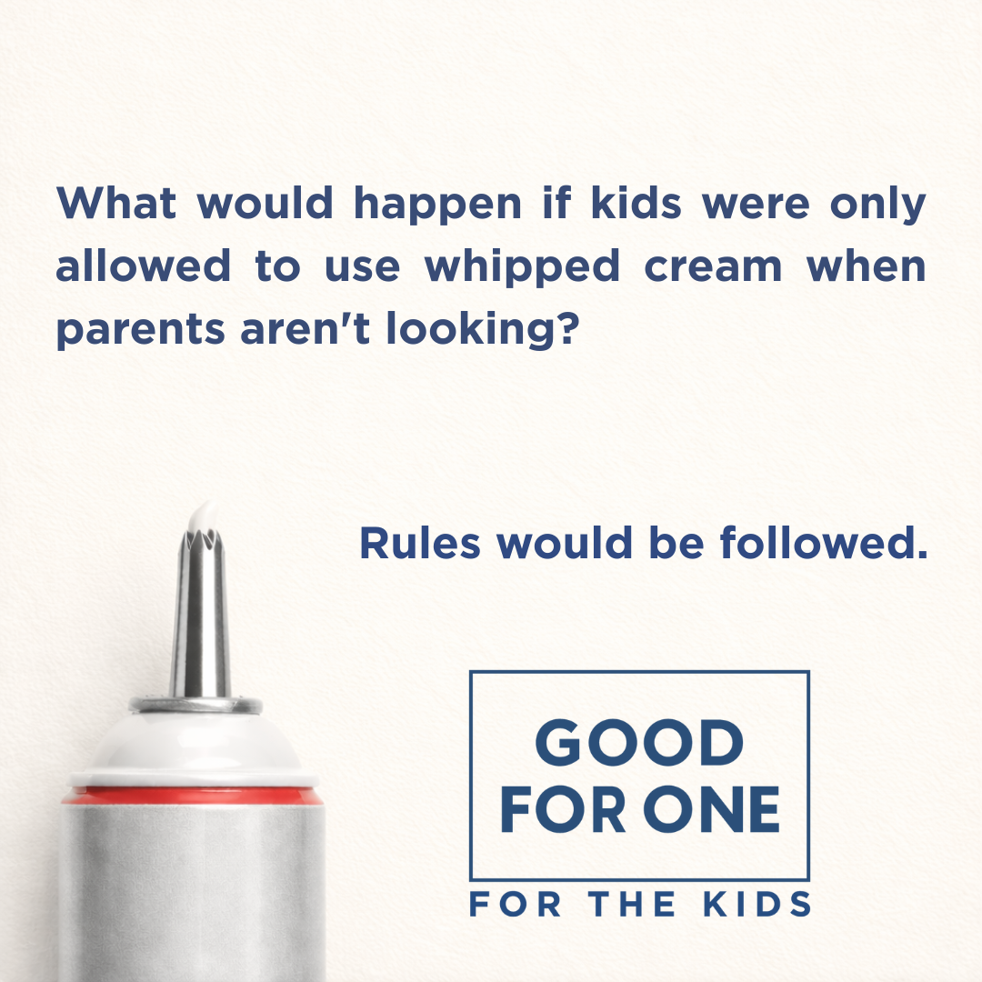 Cream-colored background with the text: ‘What would happen if kids were only allowed to use whipped cream when parents aren’t looking?’ followed by ‘Rules would be followed.’ A can of whipped cream appears at the bottom left, and the GOOD FOR ONE For the Kids logo is shown.